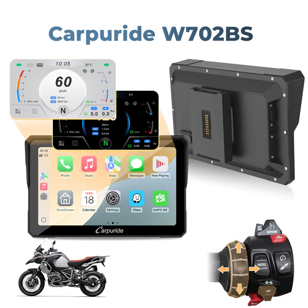 Aoocci vs Carpuride 2026: Which Motorcycle CarPlay Is Better? 3 Carpuride W702BS BMW motorcycle CarPlay display with Wonder Wheel support