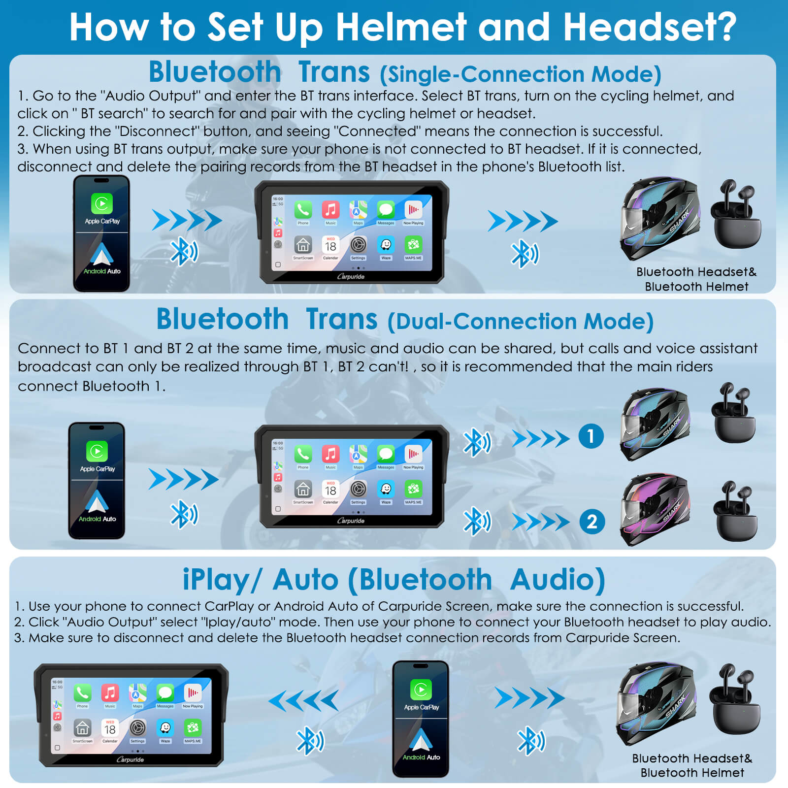 Carpuride W602S Pro dual Bluetooth helmet connection setup