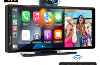 Carpuride W903 9.3-inch portable CarPlay display with front DVR camera